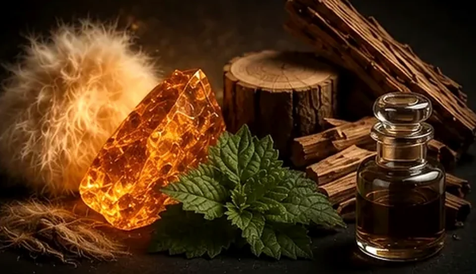 Amber, woods, patchouli, clean musk, and civet accords arranged as the LUCIN base notes.