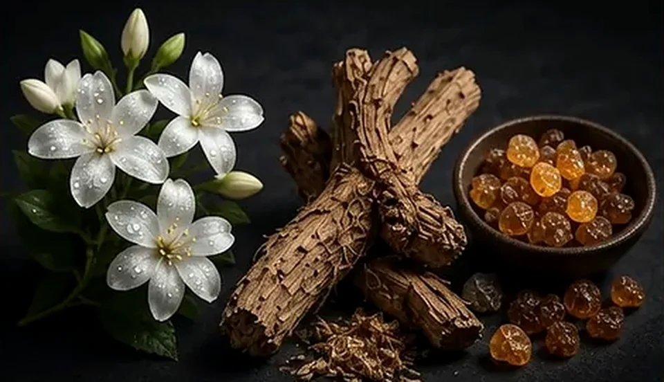 Jasmine, orris root, and myrrh arranged as LUCIN heart notes.