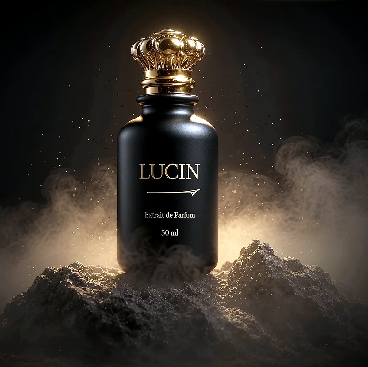 LUCIN Extrait de Parfum black bottle with gold detailing in warm illuminated scenery.